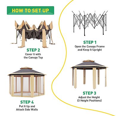 13' x 13' Pop -Up Gazebo, Hexagonal Canopy Shelter with 6 Zippered Mesh Netting, for Lawn