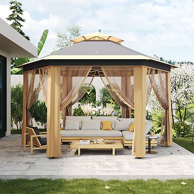 13' x 13' Pop -Up Gazebo, Hexagonal Canopy Shelter with 6 Zippered Mesh Netting, for Lawn