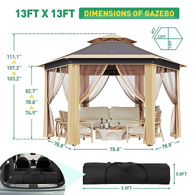 13' x 13' Pop -Up Gazebo, Hexagonal Canopy Shelter with 6 Zippered Mesh Netting, for Lawn