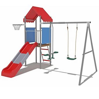 Outdoor Playset for Kids,Swing Set with Slide,Treehouse Platform,Basketball Hoop & Pendulum Swing