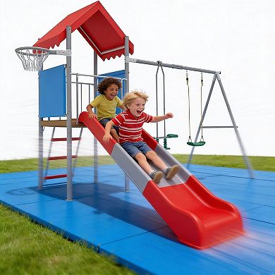 Outdoor Playset for Kids,Swing Set with Slide,Treehouse Platform,Basketball Hoop & Pendulum Swing