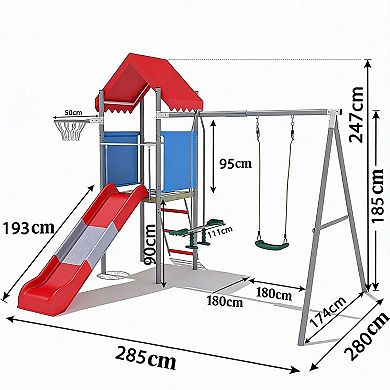 Outdoor Playset for Kids,Swing Set with Slide,Treehouse Platform,Basketball Hoop & Pendulum Swing