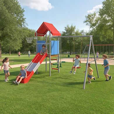 Outdoor Playset for Kids,Swing Set with Slide,Treehouse Platform,Basketball Hoop & Pendulum Swing