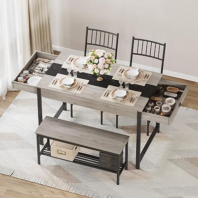 4 Piece Dining Table Set for 4 People,Kitchen Table Set with 2 Chairs & 1 Bench,Double Side Drawers