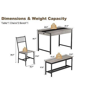 4 Piece Dining Table Set for 4 People,Kitchen Table Set with 2 Chairs & 1 Bench,Double Side Drawers