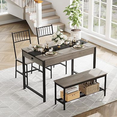 4 Piece Dining Table Set for 4 People,Kitchen Table Set with 2 Chairs & 1 Bench,Double Side Drawers