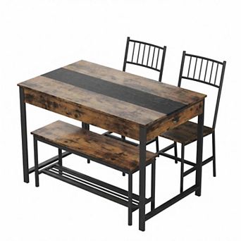 4 pc Dining Table Set for 4 People,Kitchen Table Set with 2 Chairs & 1 Bench,Double Side Drawers
