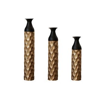 Elegant Floor Metal Vases Set of 3 - Large Black and Gold Glazed Geometric Cylindrical Home Decor