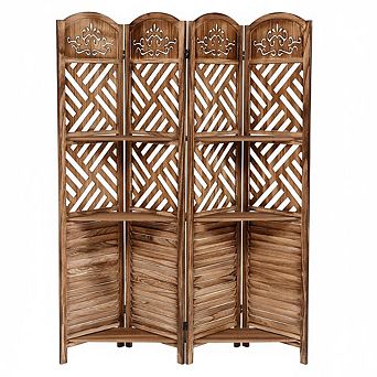 4-Panel Wooden Room Divider with Shelves Farmhouse Folding Privacy Screen for Home Office