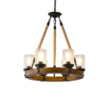 21-Inch Rustic Wood Black Metal 6-Light Wagon Wheel Chandelier with Seeded Glass Shades