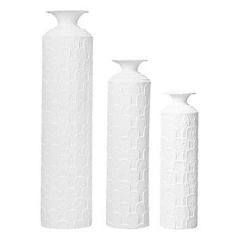 Modern 3 pc Metal Floor Vase Set, Textured White, 33.46" 25.59" 19.69" Tall