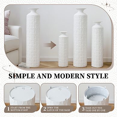 Modern 3-Piece Metal Floor Vase Set, Textured White, 33.46" 25.59" 19.69" Tall
