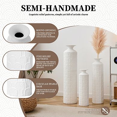 Modern 3-Piece Metal Floor Vase Set, Textured White, 33.46" 25.59" 19.69" Tall