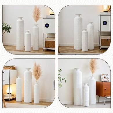 Modern 3-Piece Metal Floor Vase Set, Textured White, 33.46" 25.59" 19.69" Tall