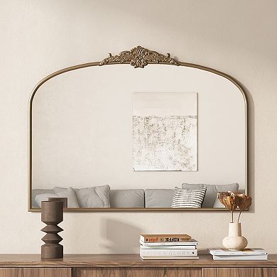 Vintage Arched Gold Mirror 40x30 Inch, Ornate Antique Brass Finish