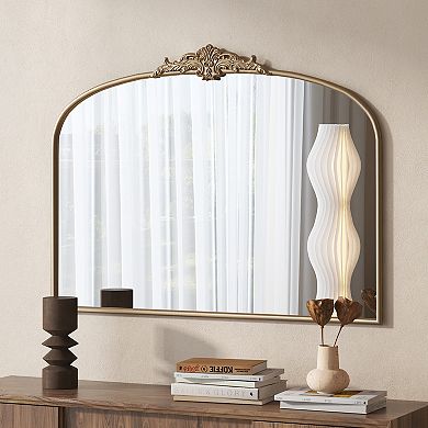 Vintage Arched Gold Mirror 40x30 Inch, Ornate Antique Brass Finish