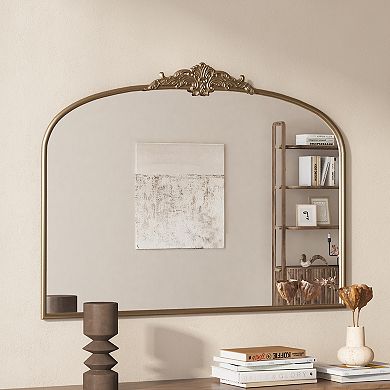 Vintage Arched Gold Mirror 40x30 Inch, Ornate Antique Brass Finish