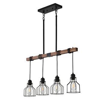 Modern Farmhouse 32-Inch 4-Light Matte Black and Wood Linear Ceiling Light Chandelier