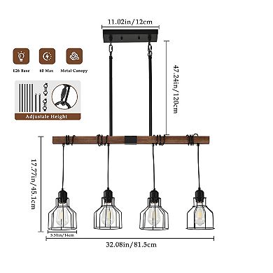 Modern Farmhouse 32-Inch 4-Light Matte Black and Wood Linear Ceiling Light Chandelier