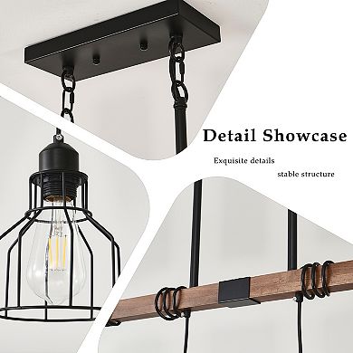 Modern Farmhouse 32-Inch 4-Light Matte Black and Wood Linear Ceiling Light Chandelier