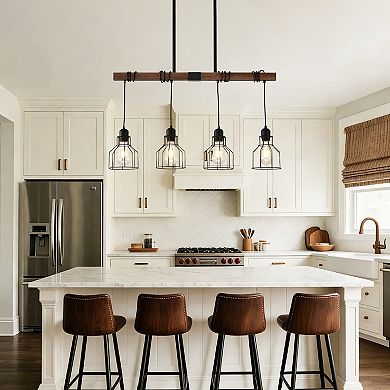 Modern Farmhouse 32-Inch 4-Light Matte Black and Wood Linear Ceiling Light Chandelier