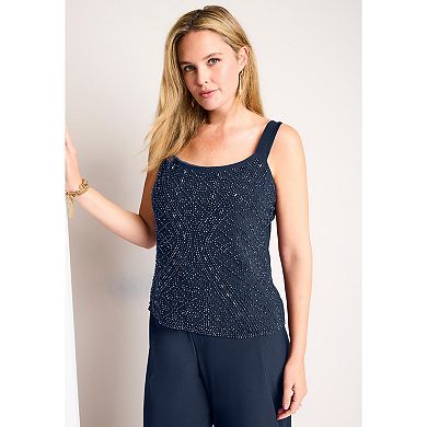 Woman Within Plus Size 3-Piece Pant Set With Beaded Tank