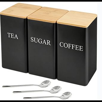3 pc Black Metal Coffee and Sugar Canister Set with Spoons