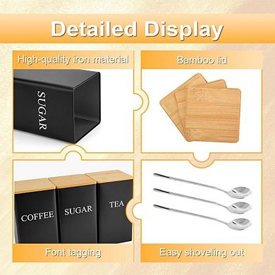 3-Piece Black Metal Coffee and Sugar Canister Set with Spoons