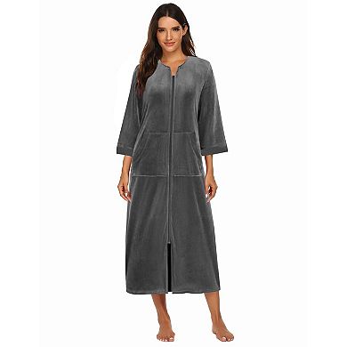 Ekouaer Robe Velour Zipper Robe Three Quarter Sleeves Housecoat Full Length Long Bathrobe