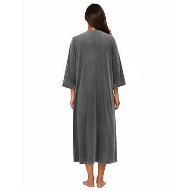 Ekouaer Robe Velour Zipper Robe Three Quarter Sleeves Housecoat Full Length Long Bathrobe