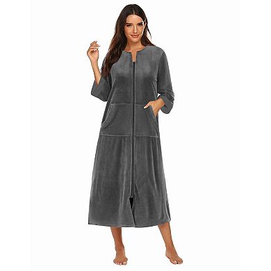Ekouaer Robe Velour Zipper Robe Three Quarter Sleeves Housecoat Full Length Long Bathrobe