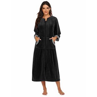 Ekouaer Robe Velour Zipper Robe Three Quarter Sleeves Housecoat Full Length Long Bathrobe