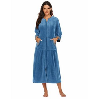 Ekouaer Robe Velour Zipper Robe Three Quarter Sleeves Housecoat Full Length Long Bathrobe