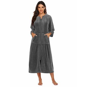 Ekouaer Robe Velour Zipper Robe Three Quarter Sleeves Housecoat Full Length Long Bathrobe