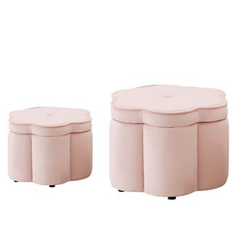 Set of 2 Ottoman with Storage Flower Shape Petal Ottoman Upholstered Velvet Storage Ottoman Bench