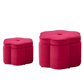 Set of 2 Ottoman with Storage Flower Shape Petal Ottoman Upholstered Velvet Storage Ottoman Bench