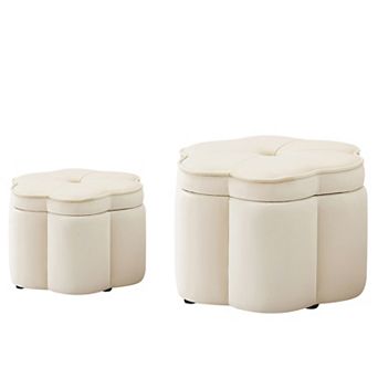 Set of 2 Ottoman with Storage Flower Shape Petal Ottoman Upholstered Velvet Storage Ottoman Bench
