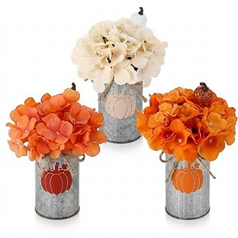 3-Set Fall Table Centerpieces, Artificial Flowers, Pumpkins & Metal Vases