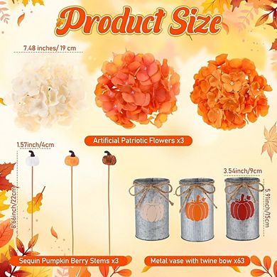 3-Set Fall Table Centerpieces, Artificial Flowers, Pumpkins & Metal Vases