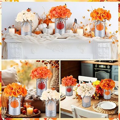 3-Set Fall Table Centerpieces, Artificial Flowers, Pumpkins & Metal Vases