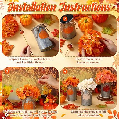3-Set Fall Table Centerpieces, Artificial Flowers, Pumpkins & Metal Vases