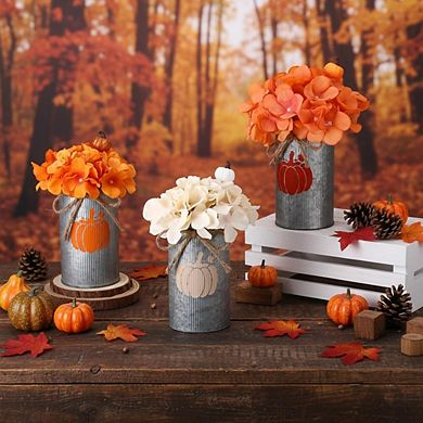 3-Set Fall Table Centerpieces, Artificial Flowers, Pumpkins & Metal Vases