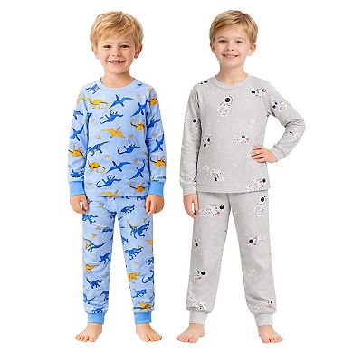 Kids Boys Blue Dinosaurs Astronauts 2 Pack Long Sleeve Pajamas Snug Fit