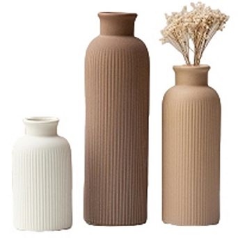 Ceramic Vase Set of 3 Decorative Ribbed Vases, Modern Earth Tone