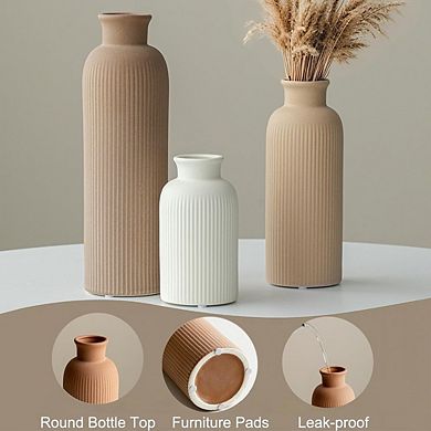 Ceramic Vase Set of 3 Decorative Ribbed Vases, Modern Earth Tone