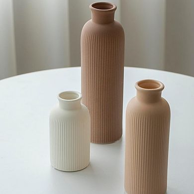 Ceramic Vase Set of 3 Decorative Ribbed Vases, Modern Earth Tone