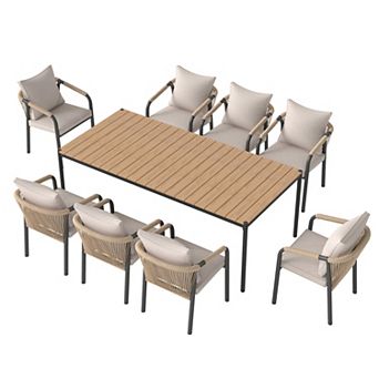 SUNSITT 9 pc Outdoor Patio Dining Set, 82.6” Metal Dining Table w/ WPC Tabletop & 8 Patio Chairs