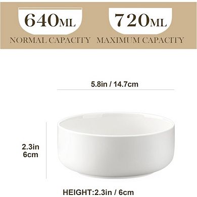 JUANWANG 6-Pack 24oz Porcelain Cereal Bowls, Microwave & Dishwasher Safe, White