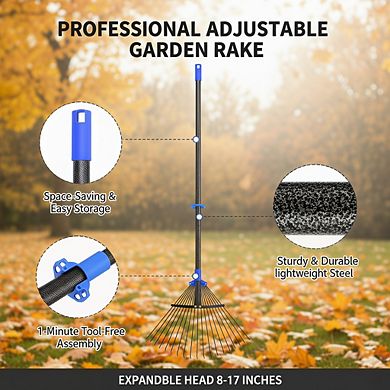 8-17" Expandable Metal Garden Rake, Long Handle Heavy Duty for Lawns Camping