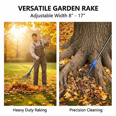 8-17" Expandable Metal Garden Rake, Long Handle Heavy Duty for Lawns Camping